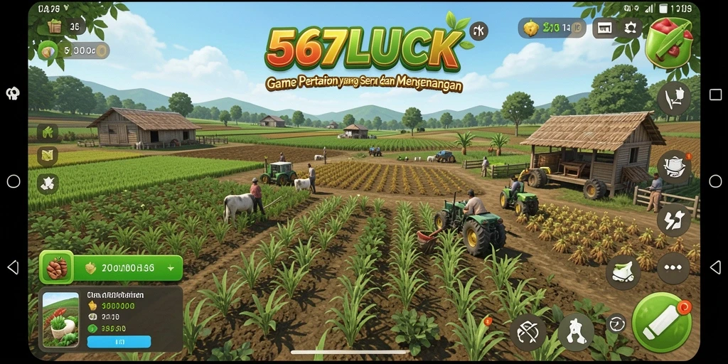 Screenshot menunjukkan pemain mengelola lahan pertanian yang subur di 567LUCK.