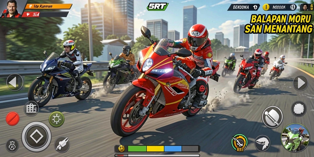 Gameplay balapan motor yang seru dan mendebarkan di 5RT.
