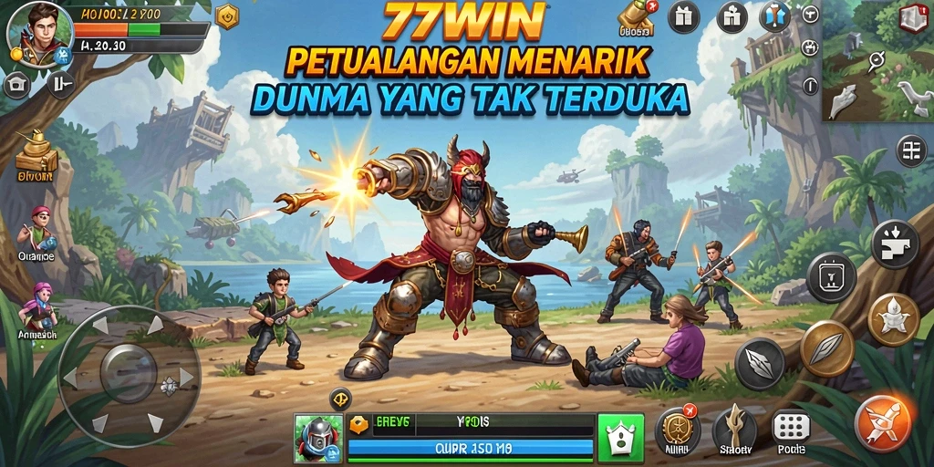 Tangkapan layar gameplay <strong>77WIN</strong> menunjukkan karakter menjelajahi gua misterius.