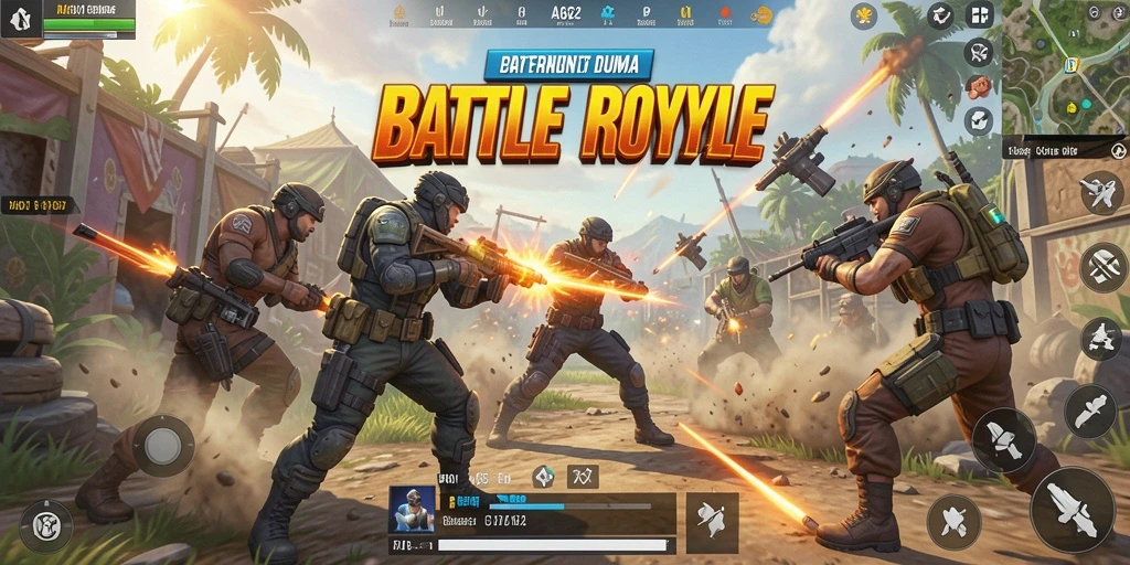 Screenshot gameplay AA62 menampilkan aksi adu tembak Battle Royale yang seru.