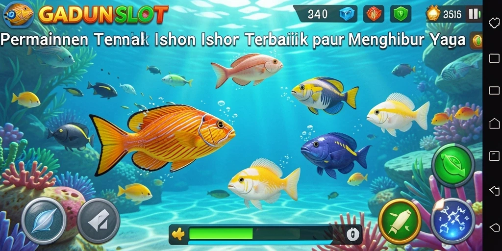 Screenshot GADUNSLOT menampilkan gameplay seru dengan banyak ikan yang dapat ditangkap.