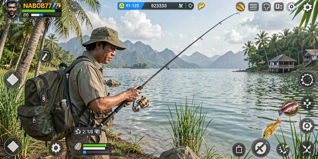 Screenshot menunjukkan gameplay menangkap ikan yang mendebarkan di NABOB77.