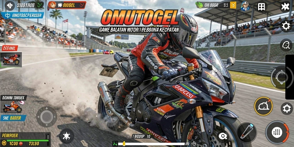 Screenshot gameplay OMUTOGEL menampilkan aksi balapan motor yang mendebarkan.
