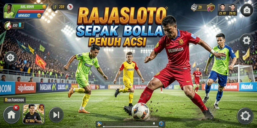 Screenshot RAJASLOTO menampilkan aksi seru dalam permainan sepak bola.