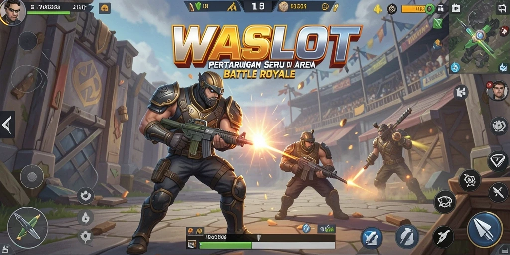 Tangkapan layar dari gameplay WASLOT yang menunjukkan aksi laga Battle Royale.