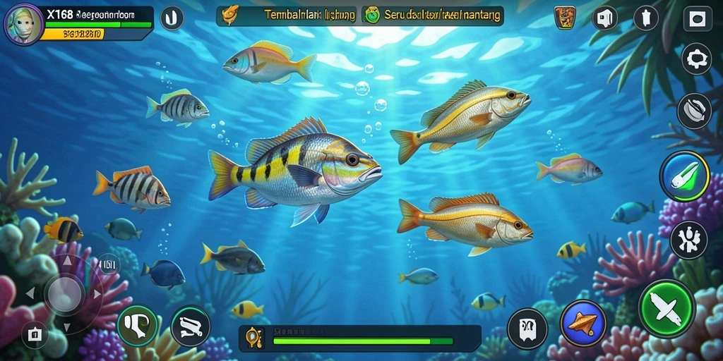 Tampilan gameplay seru dalam X168, memancing ikan dengan berbagai senjata.